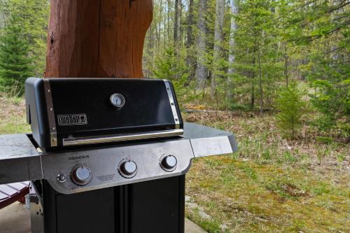 a grill sitting on top of a stove next to a tree at Log Retreat at Fish Creek by Simple Life Rentals in Fish Creek