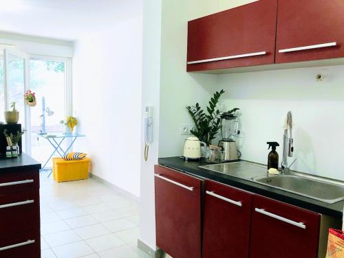 une cuisine avec des armoires rouges et un évier dans l'établissement Marseille, nature and the good life, à La Celle-sous-Gouzon