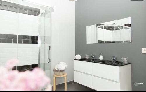 a bathroom with a glass shower and a sink at Apartamentos Dacris in Jerte