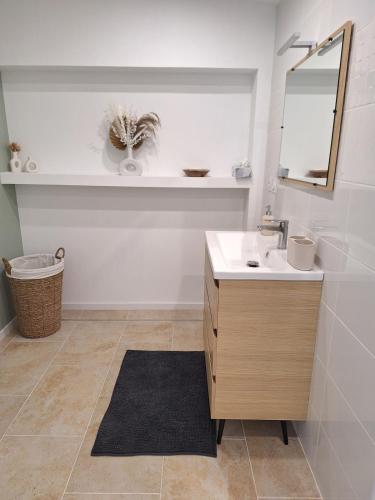 une salle de bain avec un lavabo et un miroir dans l'établissement Mon Eden - Gite Le Verdet, à Meynes