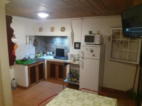 a kitchen with a white refrigerator and a microwave at Casa da Baixa da Ribeirinha in Baixa