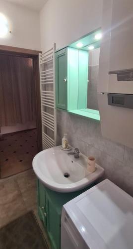 a bathroom with a white sink and a green cabinet at Via Cufra 46 in Botrugno