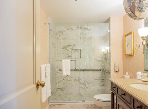 a bathroom with a shower and a toilet and a sink at The Brown Hotel in Louisville