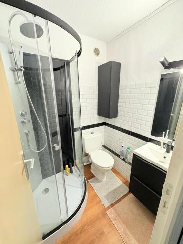 une salle de bain avec une douche, des toilettes et un lavabo dans l'établissement Joli T2 lumineux, proche des plages, à Sète