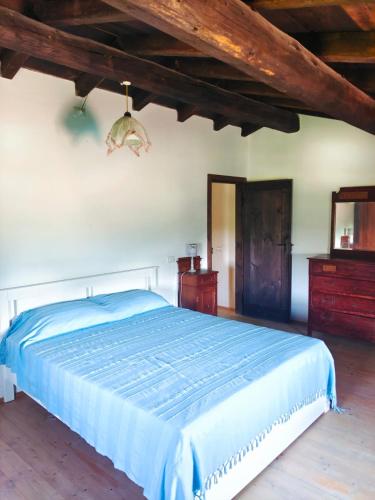 a bedroom with a blue bed and a wooden ceiling at Il rovero in Castion Veronese