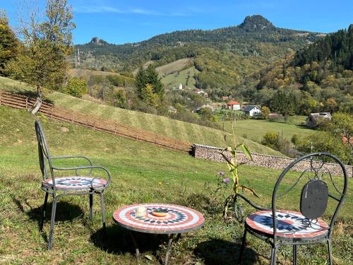 two chairs and a table in a field at RALPH Cabin- Apuseni Mountains, Transylvania in Bucium