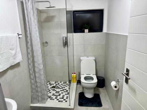 a bathroom with a shower with a toilet and a television at Motswedi Place Apartments K10 - Harmony Bliss in Gaborone