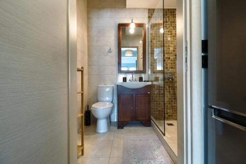 a bathroom with a toilet and a sink and a mirror at Elymnion Horizon in Limne