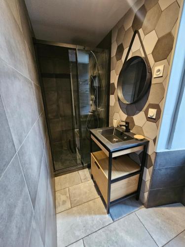 une salle de bain avec un lavabo et une douche dans l'établissement Gîte 3 étoiles L'Ô Géla 14 places à la Montagne, à Valence-dʼAlbigeois