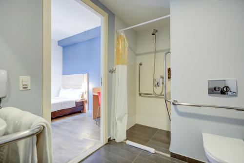 a bathroom with a shower and a room with a bed at ibis Rio de Janeiro Nova America in Rio de Janeiro