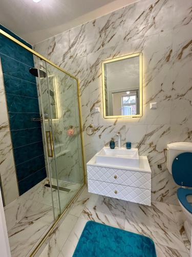 a bathroom with a sink and a shower at Central View Apartment in Turda