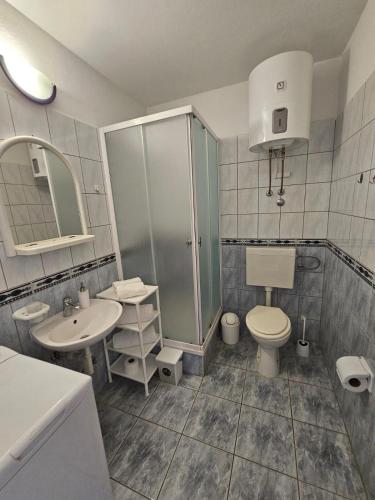 a bathroom with a toilet and a sink and a shower at Apartments Sea and Pine in Ivan Dolac