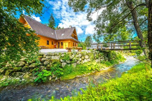 a house with a bridge over a river at Chata Škerda - Zuberec in Zuberec