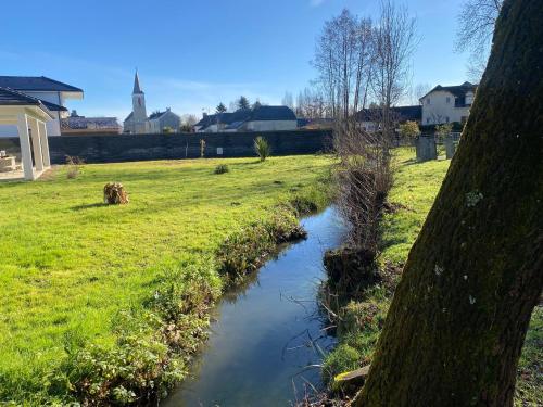 a tree next to a creek in a field at L'Ostau deu Bonur - chambres d'hôtes in Saint-Martin