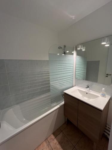 une salle de bain avec une baignoire et un lavabo et une baignoire dans l'établissement Entre océan et golf, à Anglet