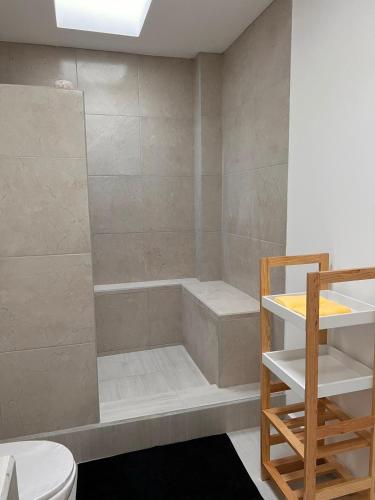 a bathroom with a shower with a tub and a toilet at Habitacion Berlin en The Green Door in Aguascalientes