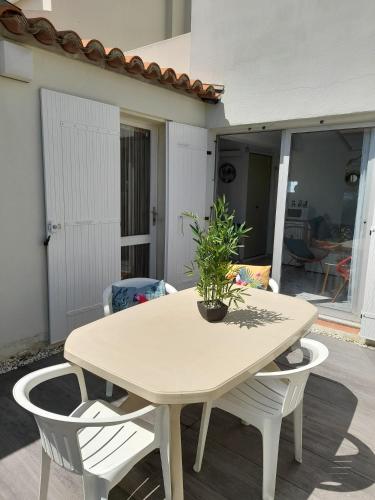 - une table avec deux chaises et une plante en pot dans l'établissement Appartement cosy et lumineux à 50 m de la plage, au Cap d'Agde