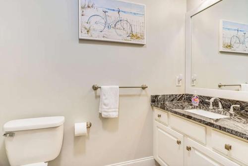 a bathroom with a toilet and a sink and a mirror at San Souci By The Sea - Your Folly Beach Oasis in Folly Beach