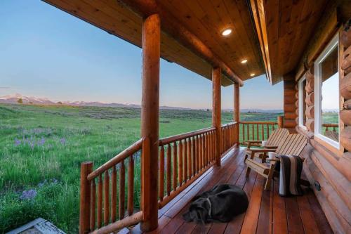a dog laying on the porch of a cabin at Log Cabin Teton Views & Pets OK in Tetonia