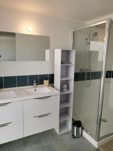 une salle de bain blanche avec un lavabo et une douche dans l'établissement Loft lumineux, pièce de vie 100m2, parking privé, à Le Mesnil-Esnard