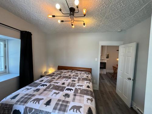 a bedroom with a bed and a chandelier at Panache Royale 4 in Quebec City