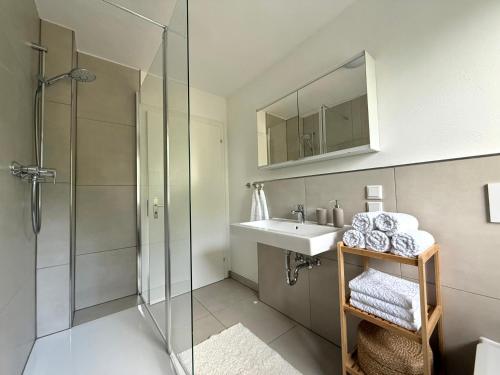 a bathroom with a sink and a glass shower at Schöne Ferienwohnung in Ense