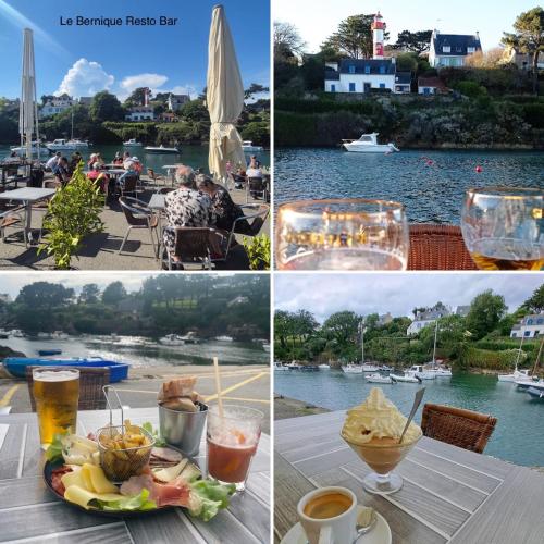 un collage de photos d'une table avec de la nourriture et des boissons dans l'établissement Ty Glazu Doelan espace 60m2, Port& criques à pied, 2 chambres privées au 1er étage, SDB, WC séparé, à Clohars-Carnoët