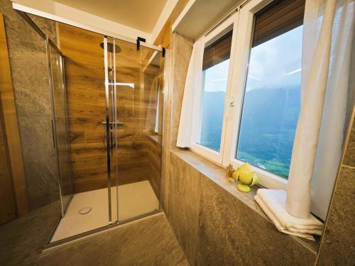 a bathroom with a shower and a window at Da Gigi Alpine Rooms in Crandola Valsassina