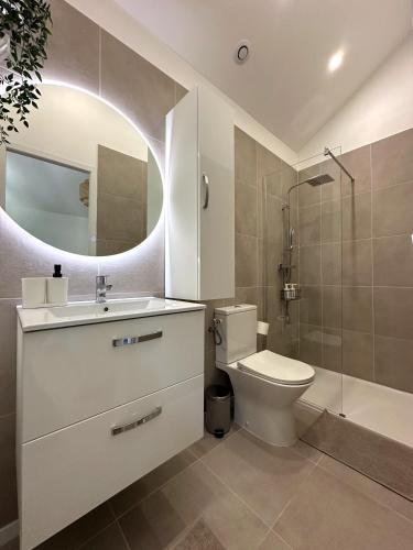 une salle de bain avec toilettes, lavabo et miroir dans l'établissement Écrin Terracotta, à Clermont-Ferrand