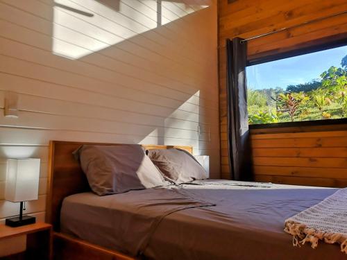 a bedroom with a bed and a large window at Thoas Lodge in Coronado