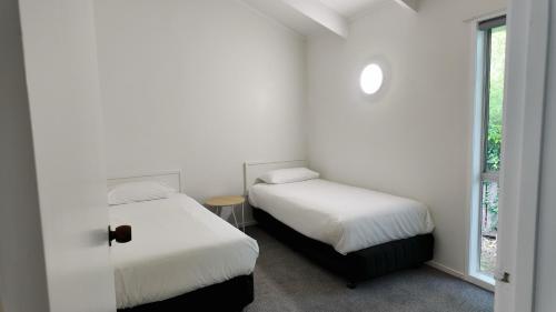 two beds in a white room with a window at Siesta Motel in Auckland