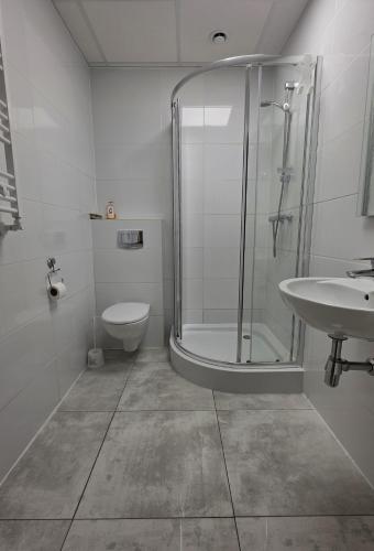 a bathroom with a shower and a toilet and a sink at Nad Zalewem 500-163-489 in Zegrze Południowe