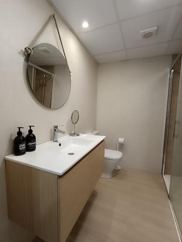 a bathroom with a sink and a mirror and a toilet at Suite Estébanes in Zaragoza