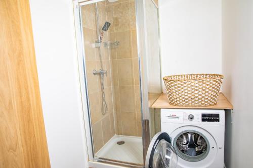La salle de bains est pourvue d'une douche et d'un lave-linge. dans l'établissement Le Tout élégant, à Colombes