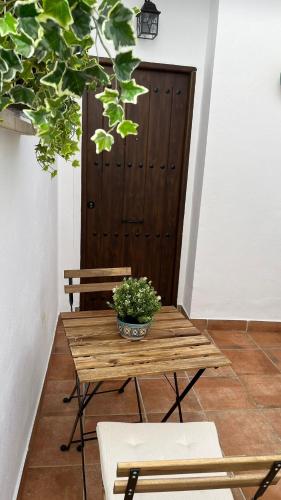 a wooden table with a potted plant on it at Encarnita Apartamento - Monachil in Monachil