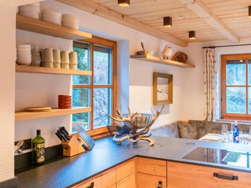 a kitchen with wooden cabinets and a counter top at Spykerhütte in Rauris