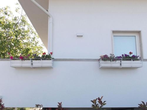 two windows with flower boxes on the side of a building at L'Amarena Garden House in Matera