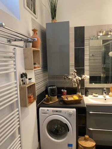 - un lave-linge dans la cuisine équipée d'un évier dans l'établissement Au Petit Balze, à Arles