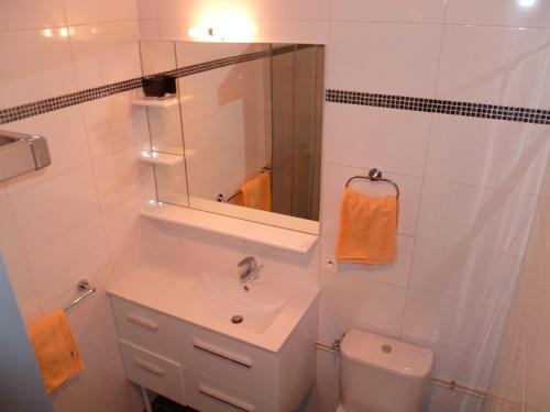 une salle de bain avec un lavabo, des toilettes et un miroir dans l'établissement Luberon & Lavandes, à Roussillon