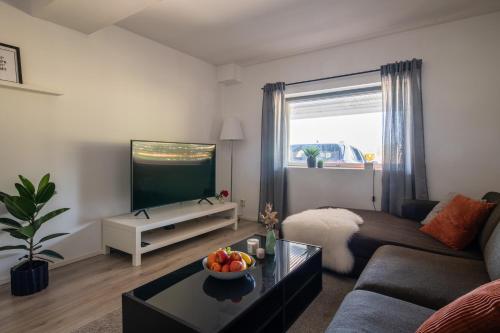 a living room with a couch and a tv at Landvetter Apartment in Landvetter