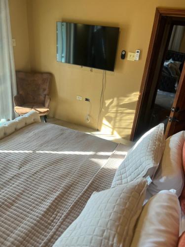 a bedroom with a bed and a flat screen tv at Whitehall Villa in Negril in Negril