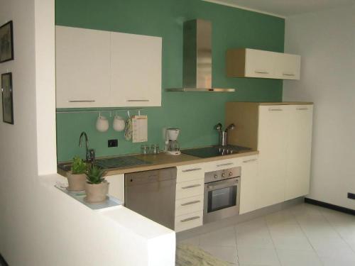 kuchnia z białymi szafkami i zieloną ścianą w obiekcie Casa Spiaggia w Brenzone sul Garda