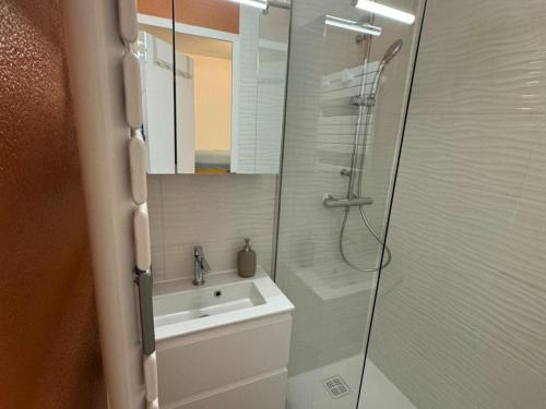 une salle de bain avec un lavabo et une douche avec un miroir dans l'établissement Studio cosy 4 pers à Châtel avec terrasse et parking - FR-1-676-221, à Châtel