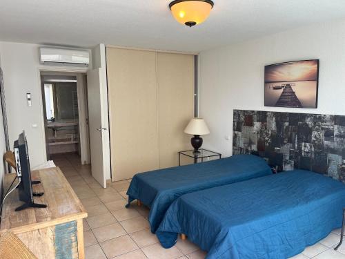une chambre avec un lit bleu et une télévision dans l'établissement 2 Pièces avec Balcon et Terrasse - Plage à 50m - Clim, WiFi, Parking - FR-1-466A-17, à Saint-Raphaël