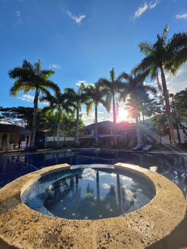 a swimming pool with palm trees in the background at Hotel Boutique Villas de San Sebastián in Villavicencio
