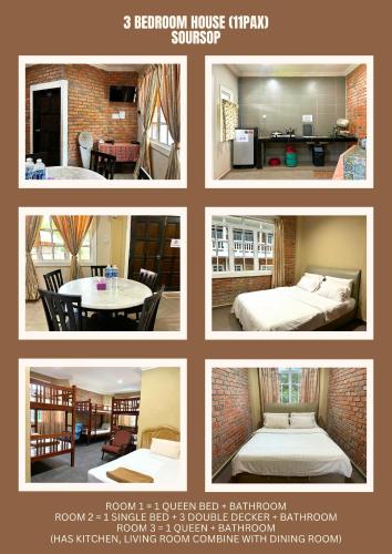 a collage of four pictures of a hotel room at Kundasang Guesthouse in Kundasang