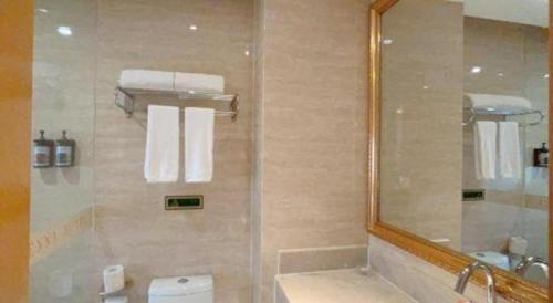 a bathroom with a shower and a toilet and a mirror at Vienna Hotel Guangxi Fangcheng in Fangcheng