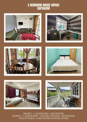 a collage of four pictures of a house at Kundasang Guesthouse in Kundasang