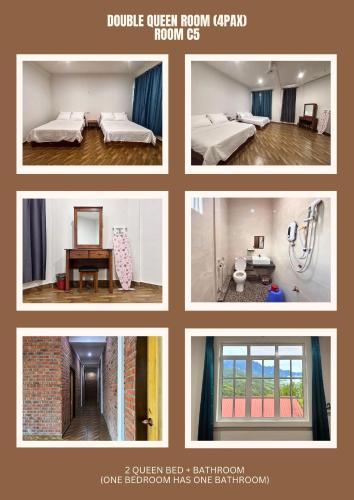 a collage of pictures of a bedroom and a bathroom at Kundasang Guesthouse in Kundasang