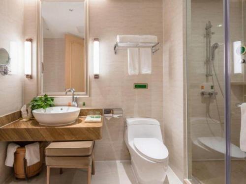 深セン市にあるBest Sleep International Hotel Shenzhen Tanglang Metro Stationのトイレ、洗面台、シャワー付きのバスルーム